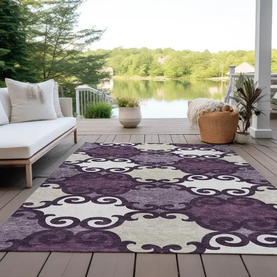 Eggplant And Ivory Trellis Washable Indoor Outdoor Area Rug Photo 8