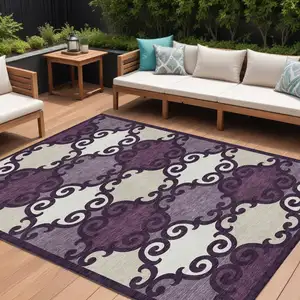 Photo of Eggplant And Ivory Trellis Washable Indoor Outdoor Area Rug