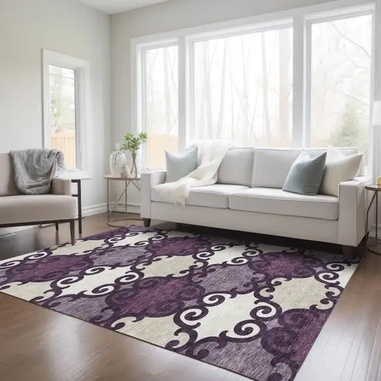 Eggplant And Ivory Trellis Washable Indoor Outdoor Area Rug Photo 9