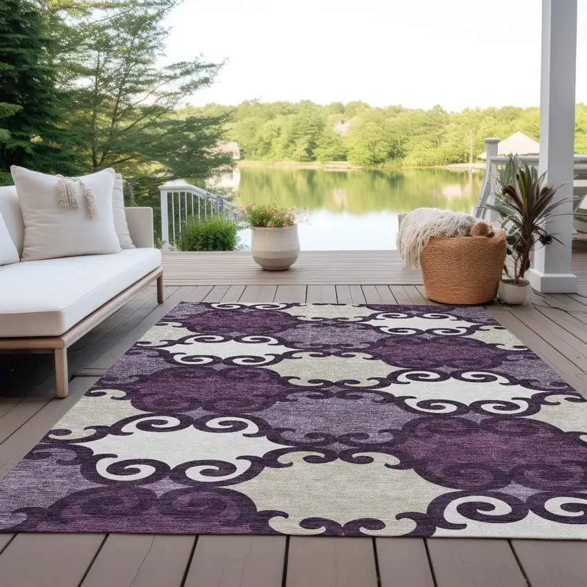 Eggplant And Ivory Trellis Washable Indoor Outdoor Area Rug Photo 8