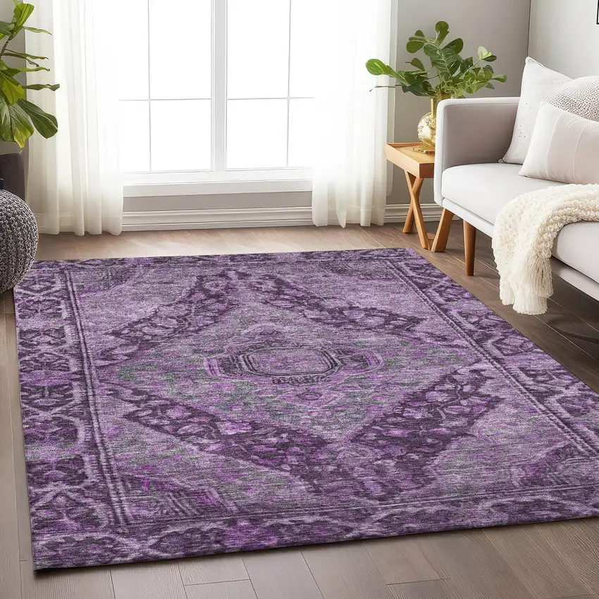 Eggplant And Lavender Medallion Washable Indoor Outdoor Area Rug Photo 6