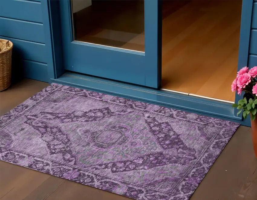 Eggplant And Lavender Medallion Washable Indoor Outdoor Area Rug Photo 2