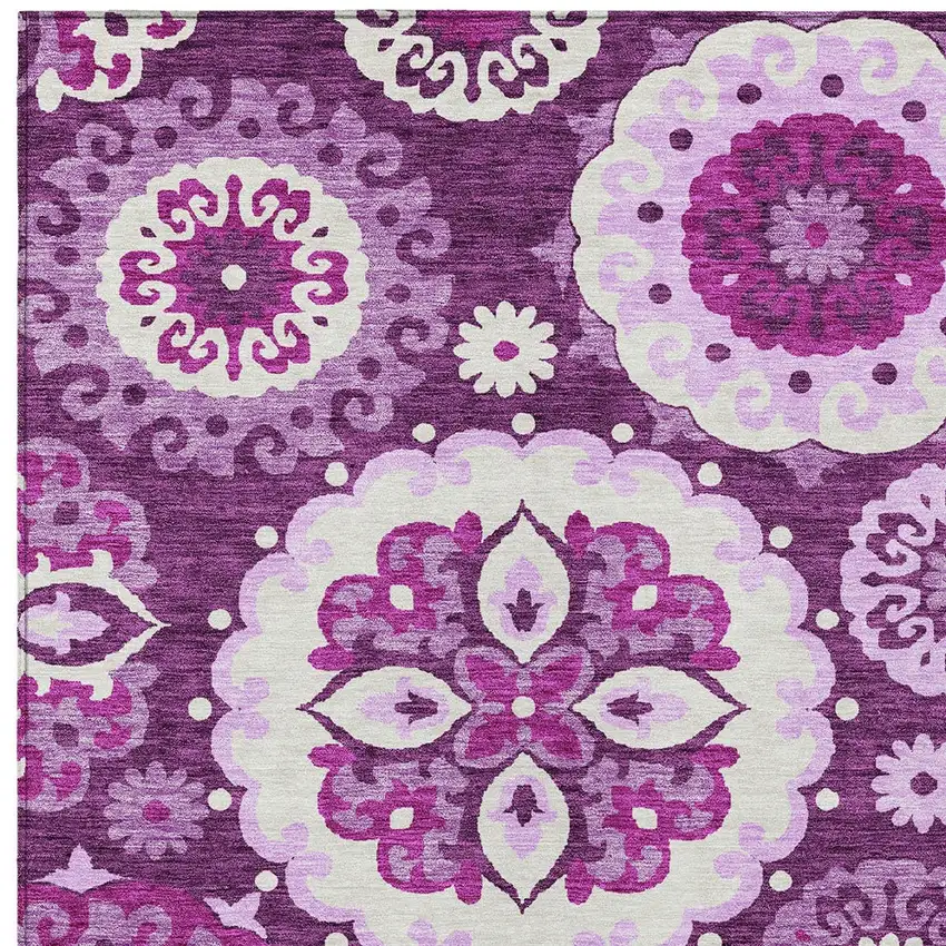 Eggplant And Mauve Floral Medallion Washable Indoor Outdoor Area Rug Photo 5