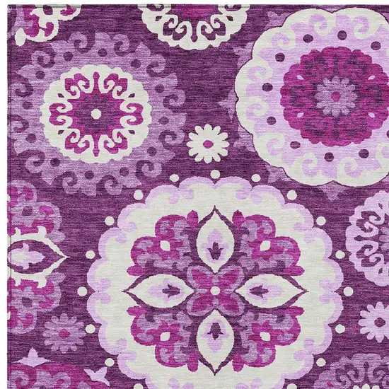Eggplant And Mauve Floral Medallion Washable Indoor Outdoor Area Rug Photo 5