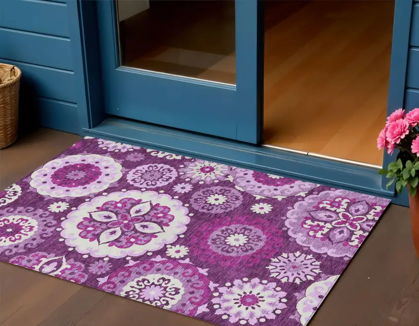 Eggplant And Mauve Floral Medallion Washable Indoor Outdoor Area Rug Photo 1