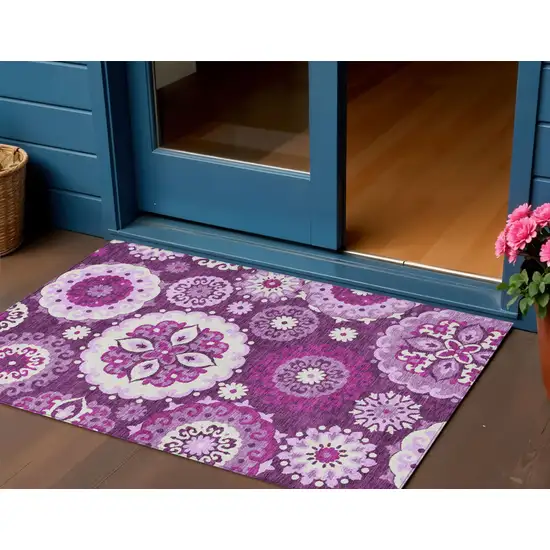 Eggplant And Mauve Floral Medallion Washable Indoor Outdoor Area Rug Photo 1