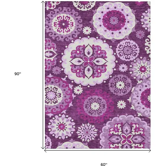 Eggplant And Mauve Floral Medallion Washable Indoor Outdoor Area Rug Photo 3