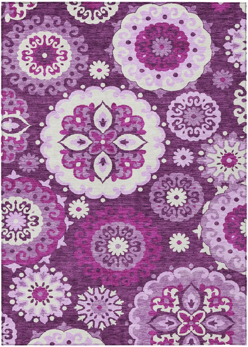 Eggplant And Mauve Floral Medallion Washable Indoor Outdoor Area Rug Photo 1