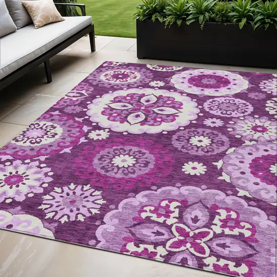 Eggplant And Mauve Floral Medallion Washable Indoor Outdoor Area Rug Photo 1