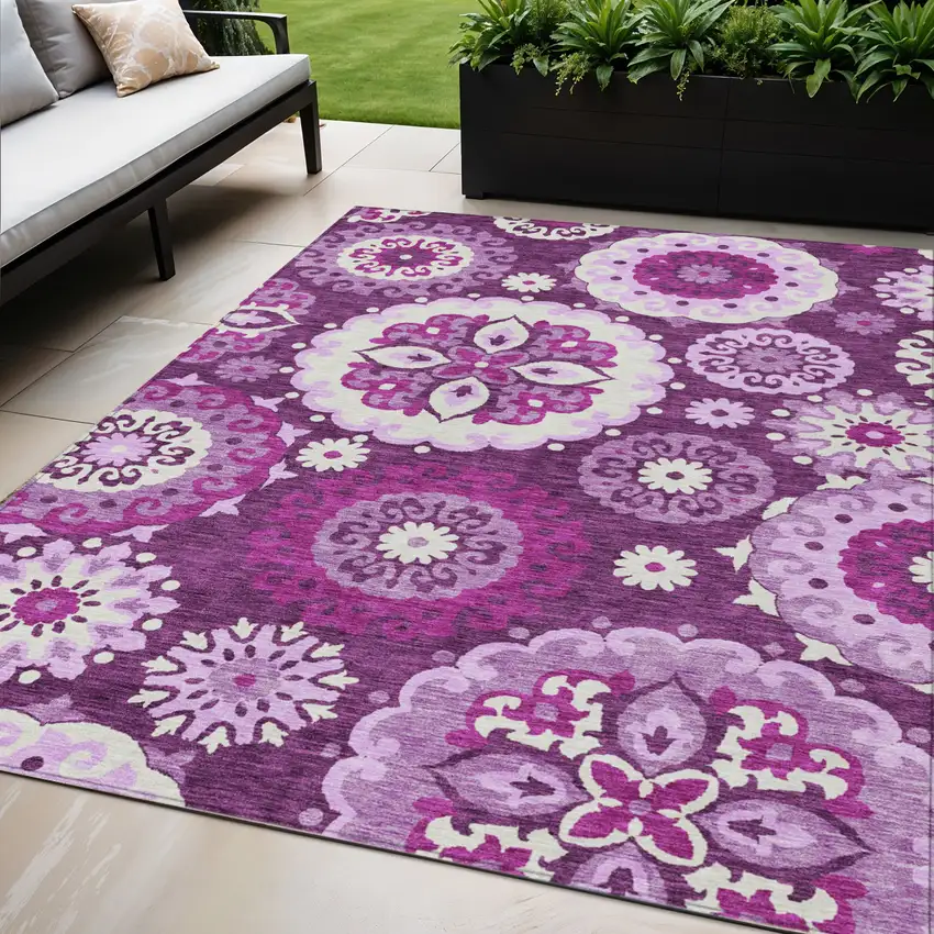 Eggplant And Mauve Floral Medallion Washable Indoor Outdoor Area Rug Photo 1