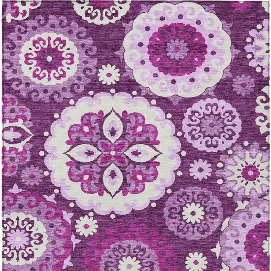 Eggplant And Mauve Floral Medallion Washable Indoor Outdoor Area Rug Photo 6