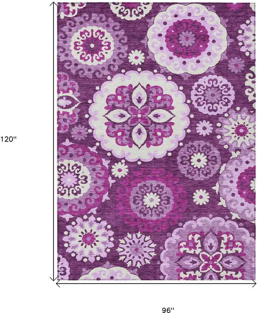 Eggplant And Mauve Floral Medallion Washable Indoor Outdoor Area Rug Photo 3