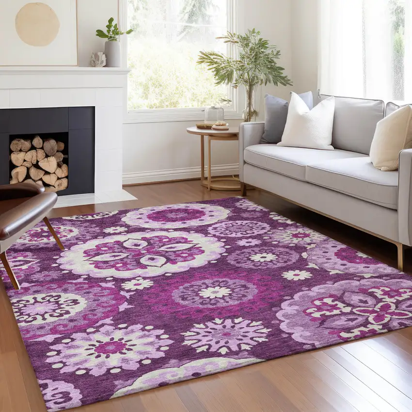 Eggplant And Mauve Floral Medallion Washable Indoor Outdoor Area Rug Photo 9