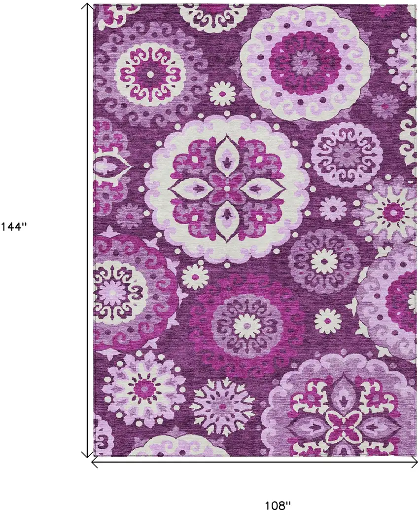Eggplant And Mauve Floral Medallion Washable Indoor Outdoor Area Rug Photo 3