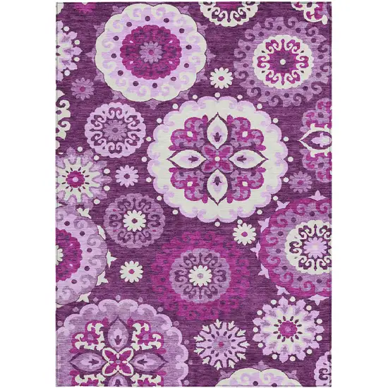 Eggplant And Mauve Floral Medallion Washable Indoor Outdoor Area Rug Photo 6