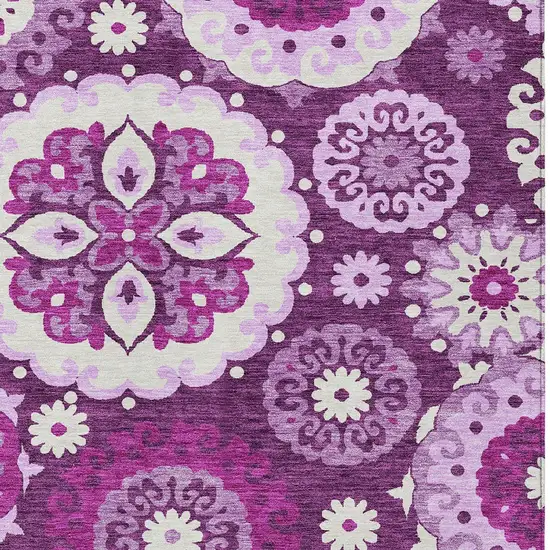 Eggplant And Mauve Floral Medallion Washable Indoor Outdoor Area Rug Photo 4