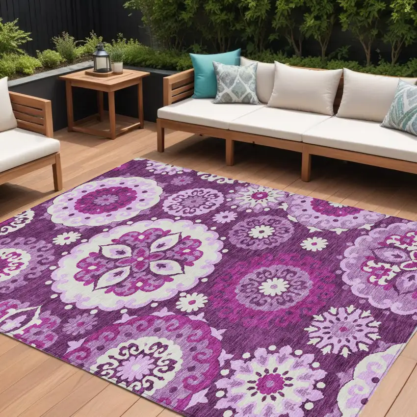 Eggplant And Mauve Floral Medallion Washable Indoor Outdoor Area Rug Photo 1