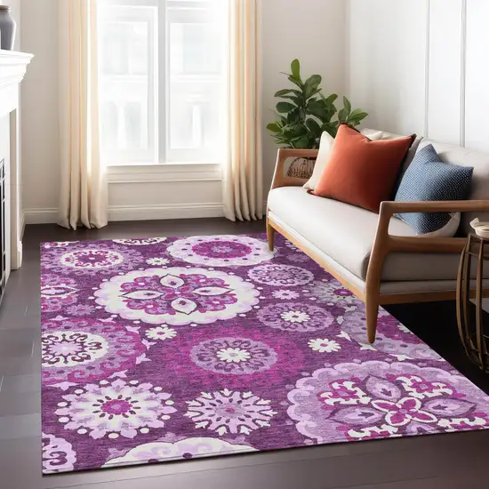 Eggplant And Mauve Floral Medallion Washable Indoor Outdoor Area Rug Photo 9