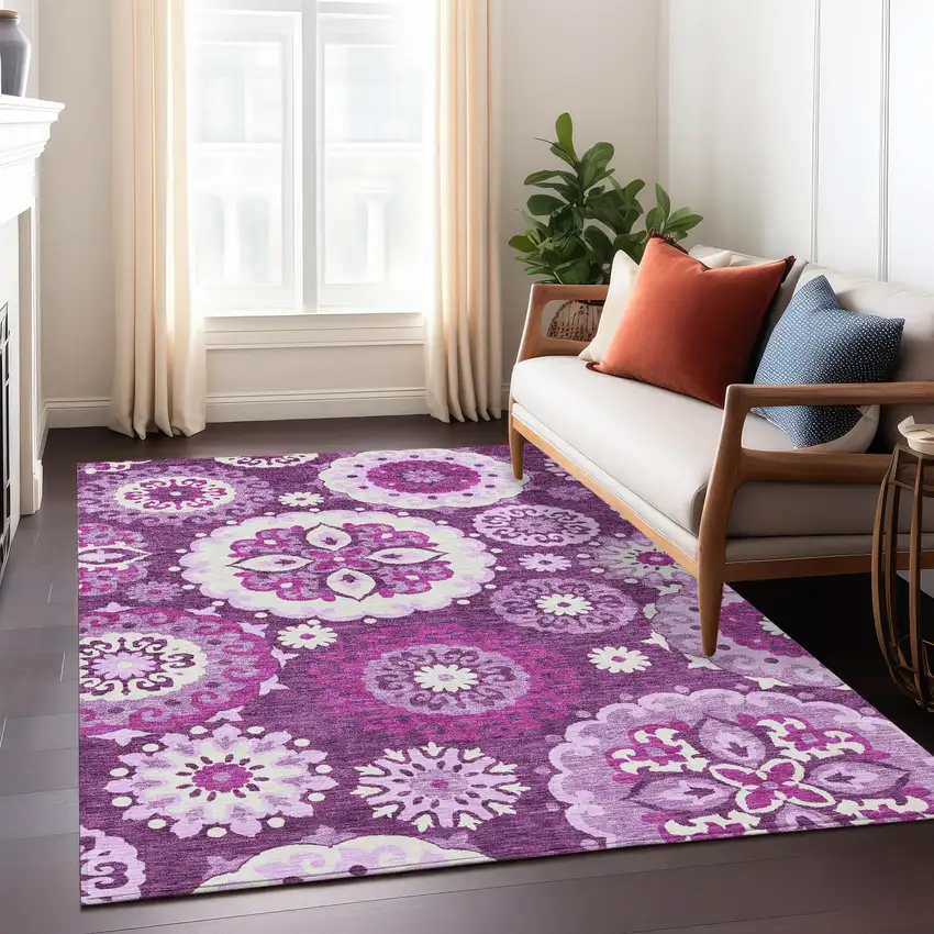 Eggplant And Mauve Floral Medallion Washable Indoor Outdoor Area Rug Photo 9