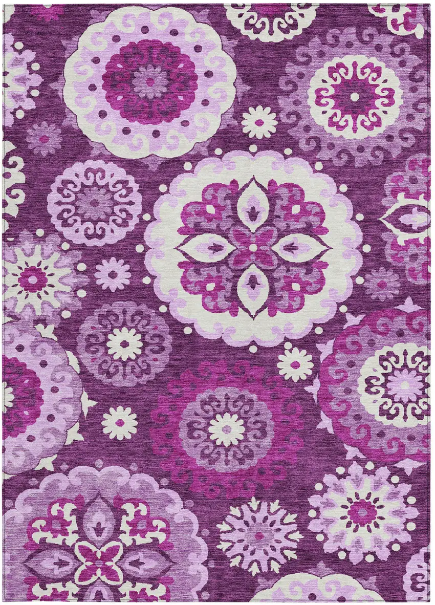 Eggplant And Mauve Floral Medallion Washable Indoor Outdoor Area Rug Photo 6