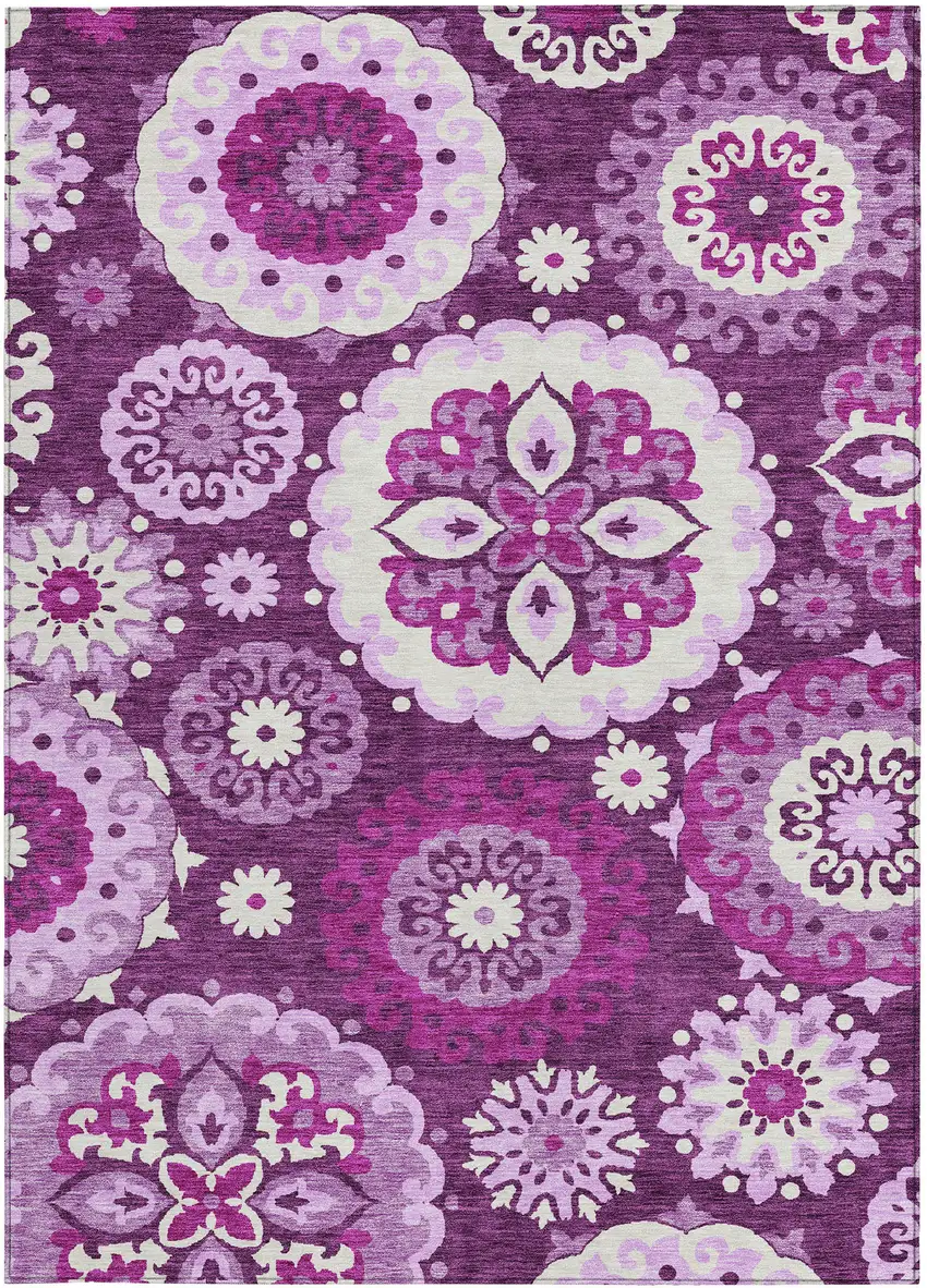 Eggplant And Mauve Floral Medallion Washable Indoor Outdoor Area Rug Photo 6