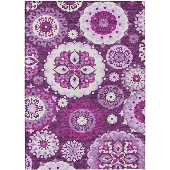 Eggplant And Mauve Floral Medallion Washable Indoor Outdoor Area Rug Photo 1