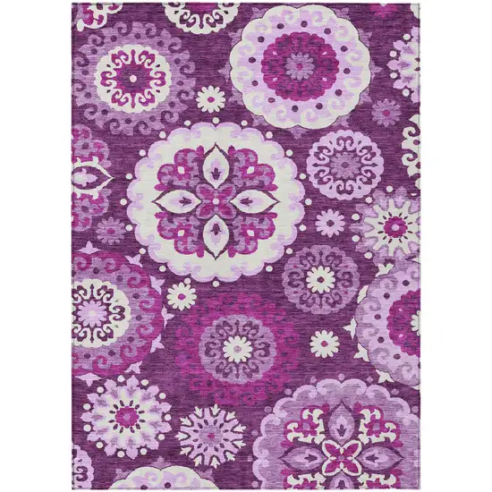 Eggplant And Mauve Floral Medallion Washable Indoor Outdoor Area Rug Photo 1