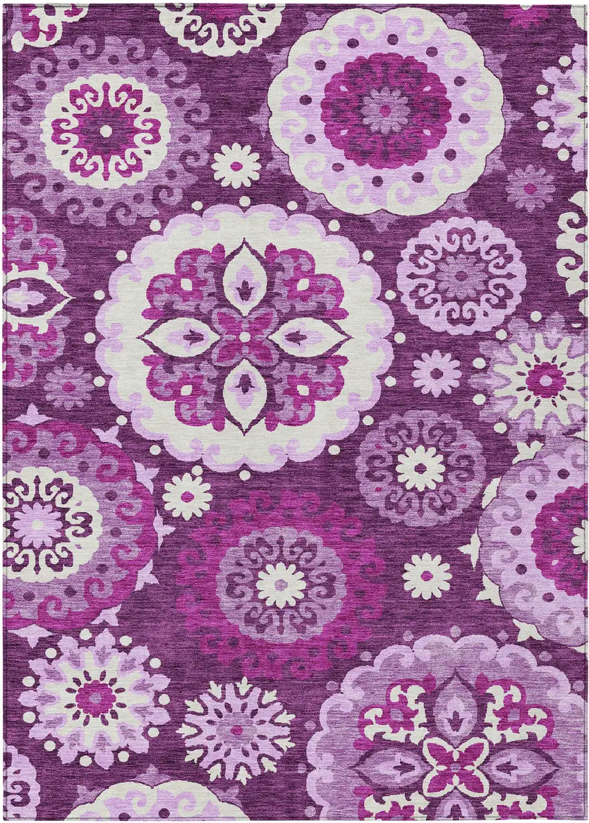 Eggplant And Mauve Floral Medallion Washable Indoor Outdoor Area Rug Photo 1