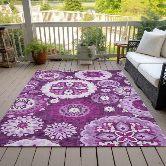 Eggplant And Mauve Floral Medallion Washable Indoor Outdoor Area Rug Photo 7