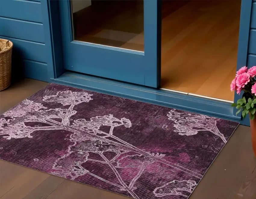 Eggplant And Plum Floral Washable Indoor Outdoor Area Rug Photo 1