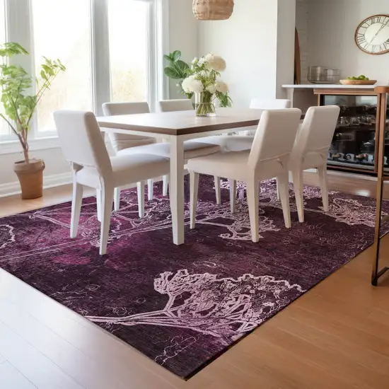 Eggplant And Plum Floral Washable Indoor Outdoor Area Rug Photo 8