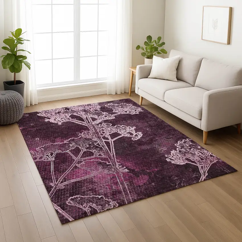 Eggplant And Plum Floral Washable Indoor Outdoor Area Rug Photo 7