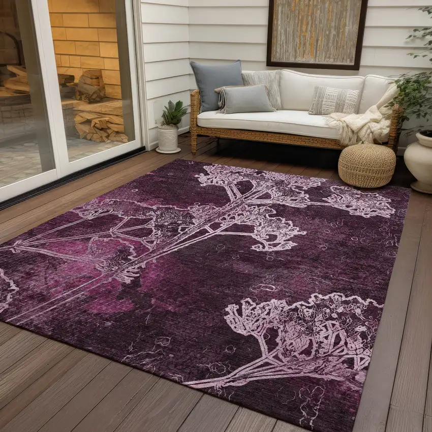 Eggplant And Plum Floral Washable Indoor Outdoor Area Rug Photo 9