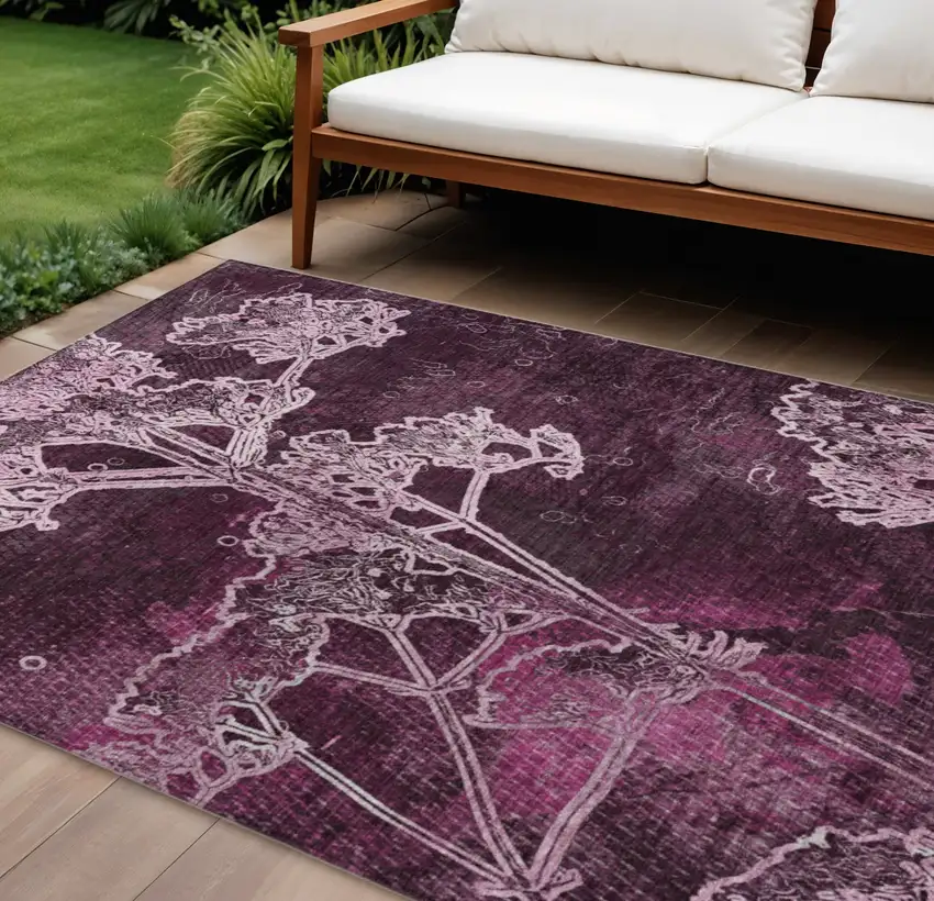 Eggplant And Plum Floral Washable Indoor Outdoor Area Rug Photo 1
