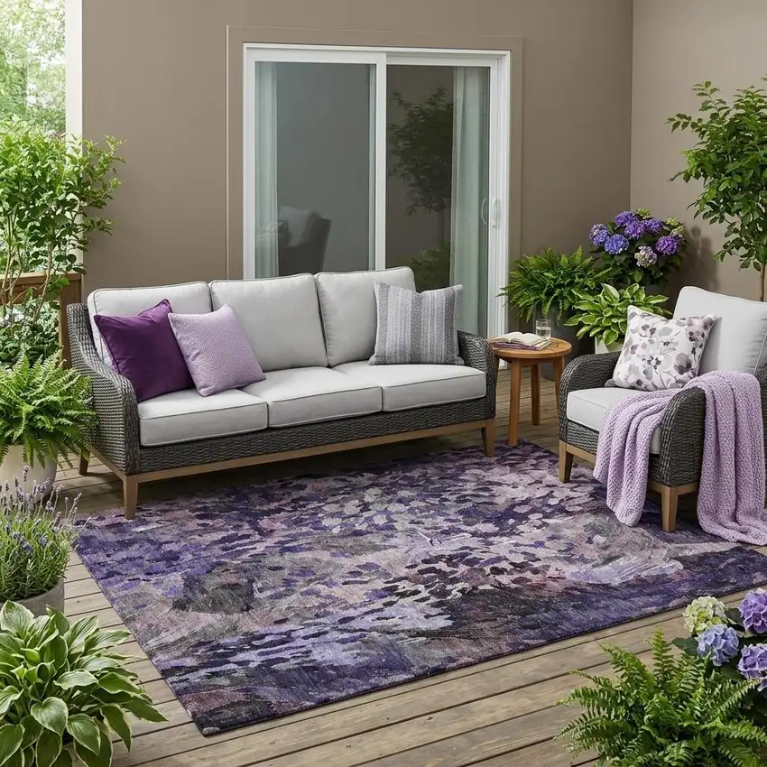 Eggplant And Purple Abstract Washable Indoor Outdoor Area Rug Photo 1