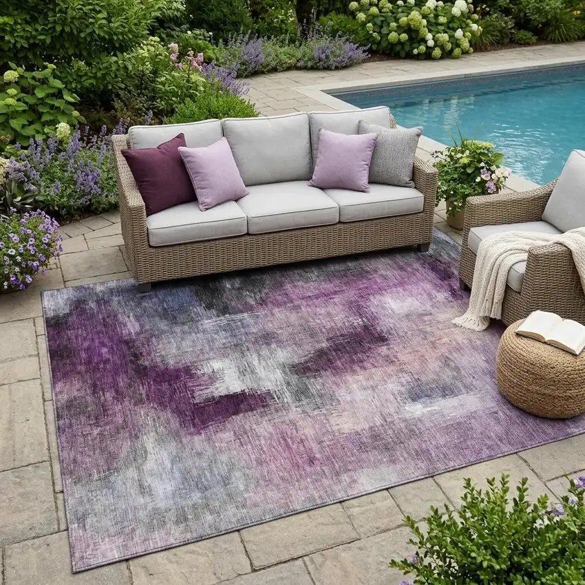 Eggplant And Purple Abstract Washable Indoor Outdoor Area Rug Photo 1