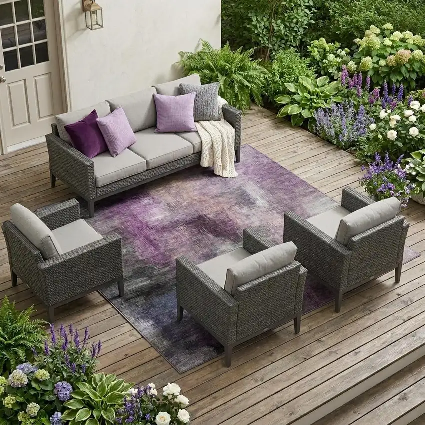 Eggplant And Purple Abstract Washable Indoor Outdoor Area Rug Photo 1