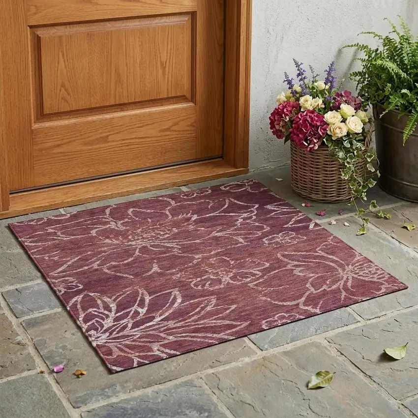 Eggplant And Purple Floral Washable Indoor Outdoor Area Rug Photo 1