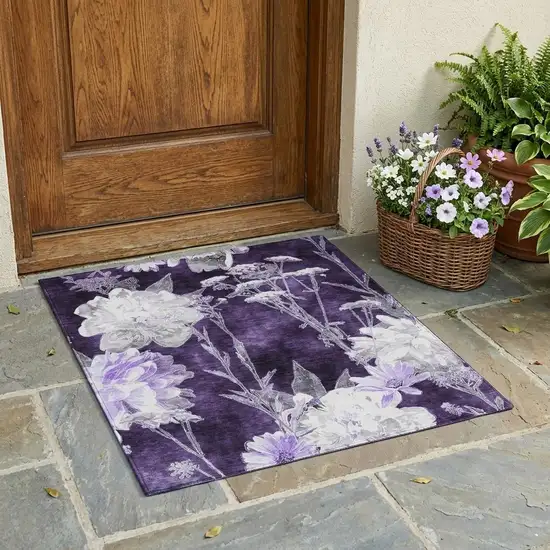 Eggplant And Purple Floral Washable Indoor Outdoor Area Rug Photo 1