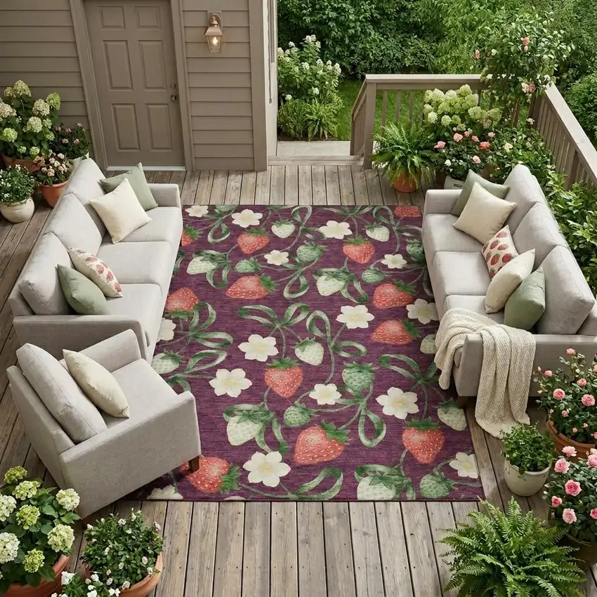 Eggplant And Purple Floral Washable Indoor Outdoor Area Rug Photo 1