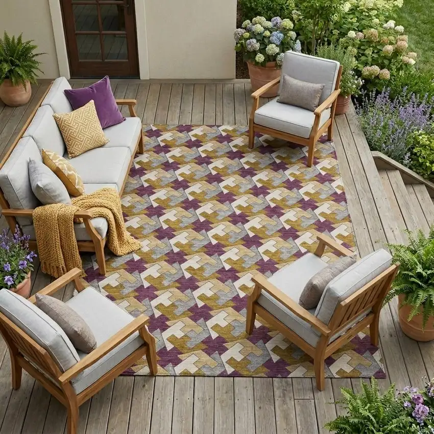 Eggplant And Purple Geometric Washable Indoor Outdoor Area Rug Photo 1