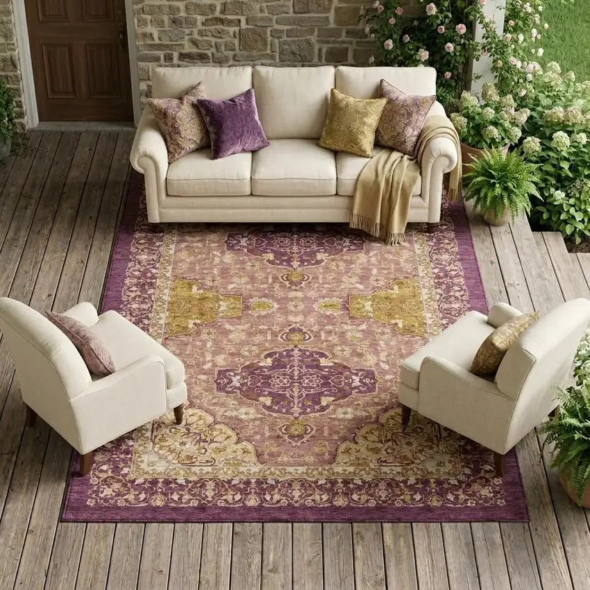 Eggplant And Purple Oriental Washable Indoor Outdoor Area Rug Photo 1