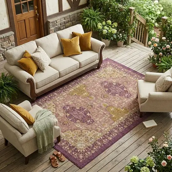 Eggplant And Purple Oriental Washable Indoor Outdoor Area Rug Photo 1