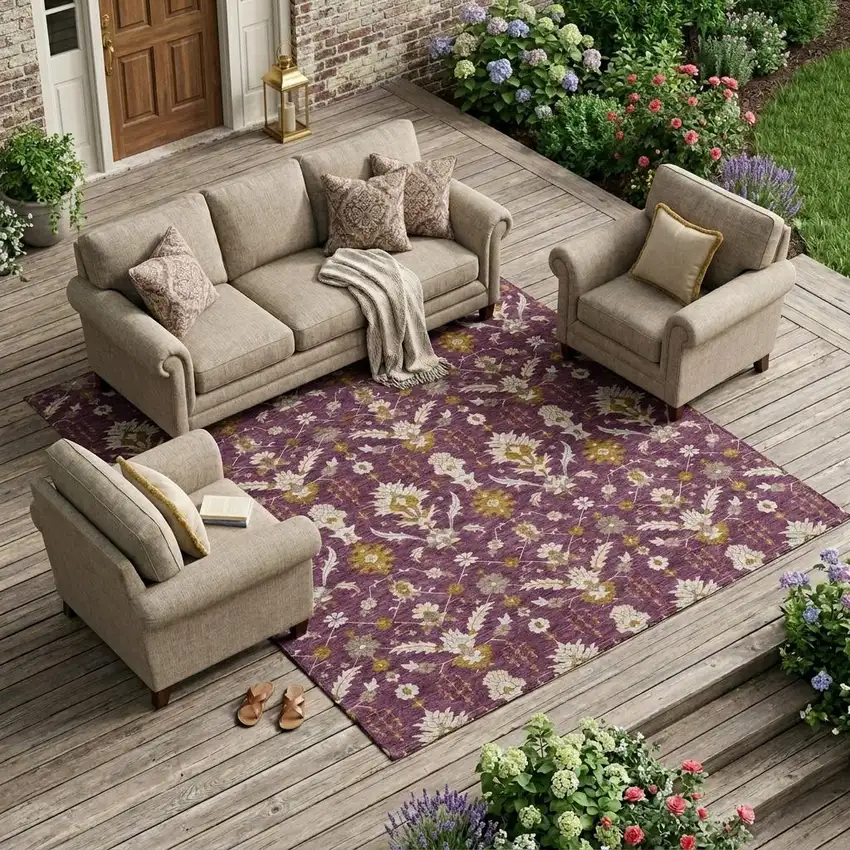 Eggplant And Purple Oriental Washable Indoor Outdoor Area Rug Photo 1