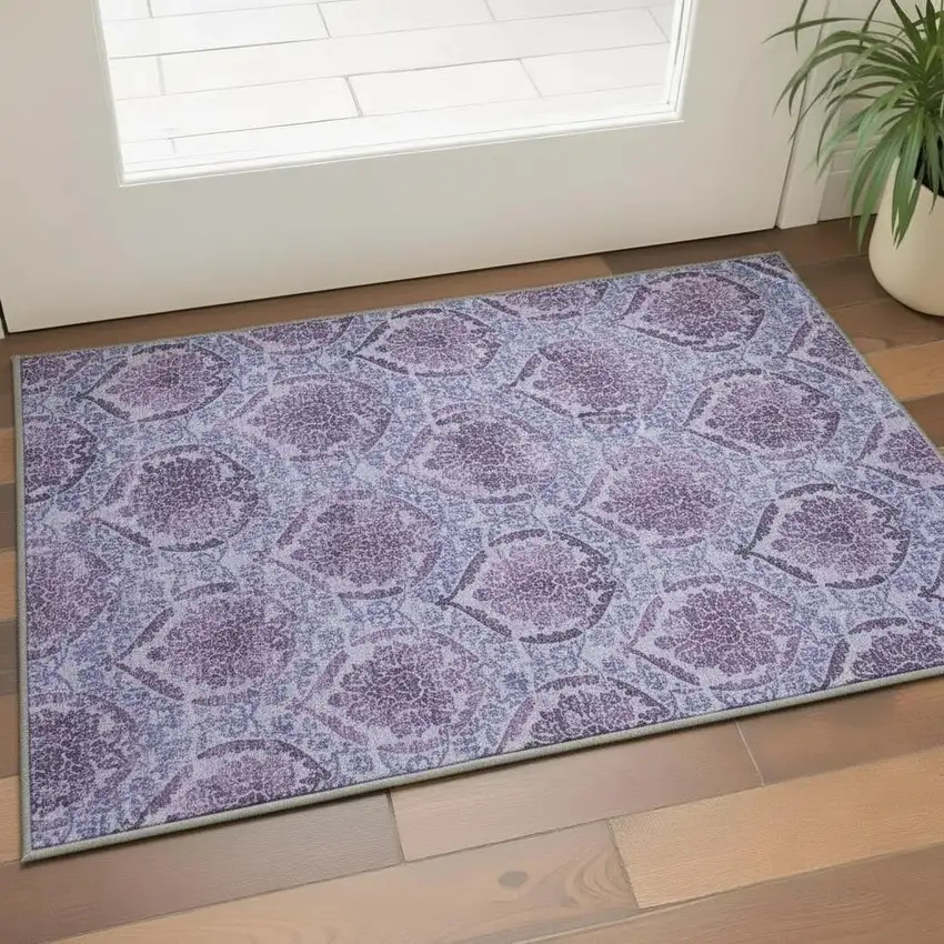 Eggplant And Silver Medallion Washable Area Rug With UV Protection Photo 2