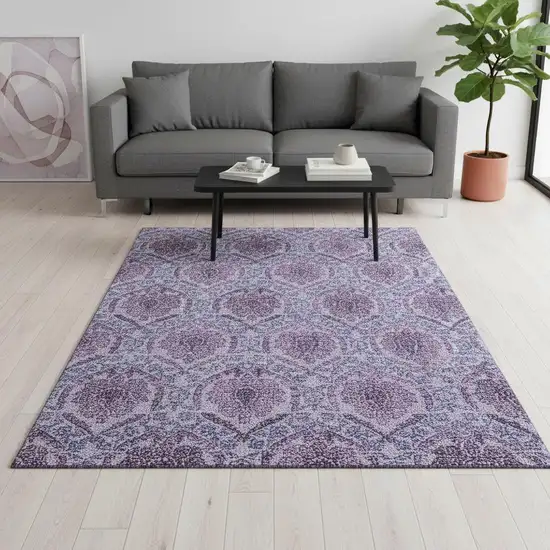 Eggplant And Silver Medallion Washable Area Rug With UV Protection Photo 2