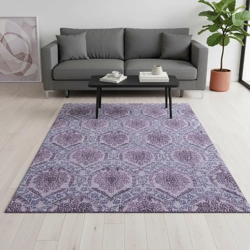 Eggplant And Silver Medallion Washable Area Rug With UV Protection Photo 2