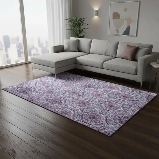 Eggplant And Silver Medallion Washable Area Rug With UV Protection Photo 2