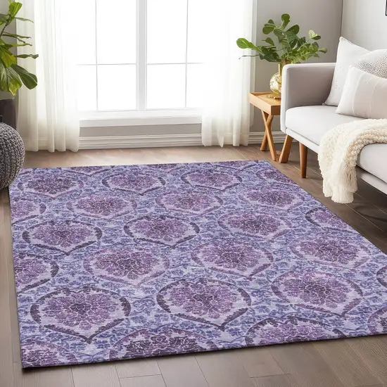 Eggplant And Silver Medallion Washable Area Rug With UV Protection Photo 6