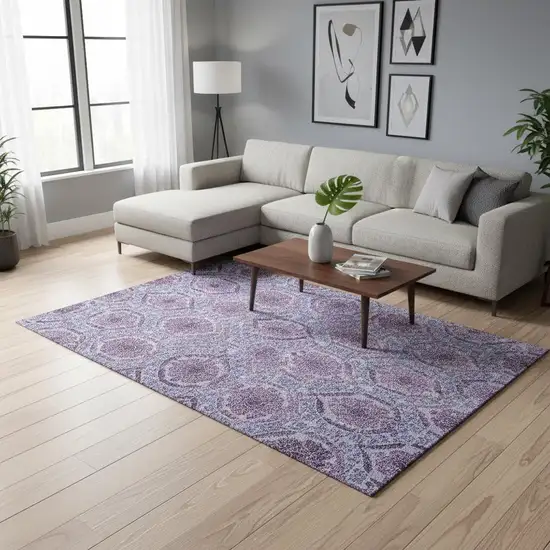 Eggplant And Silver Medallion Washable Area Rug With UV Protection Photo 2